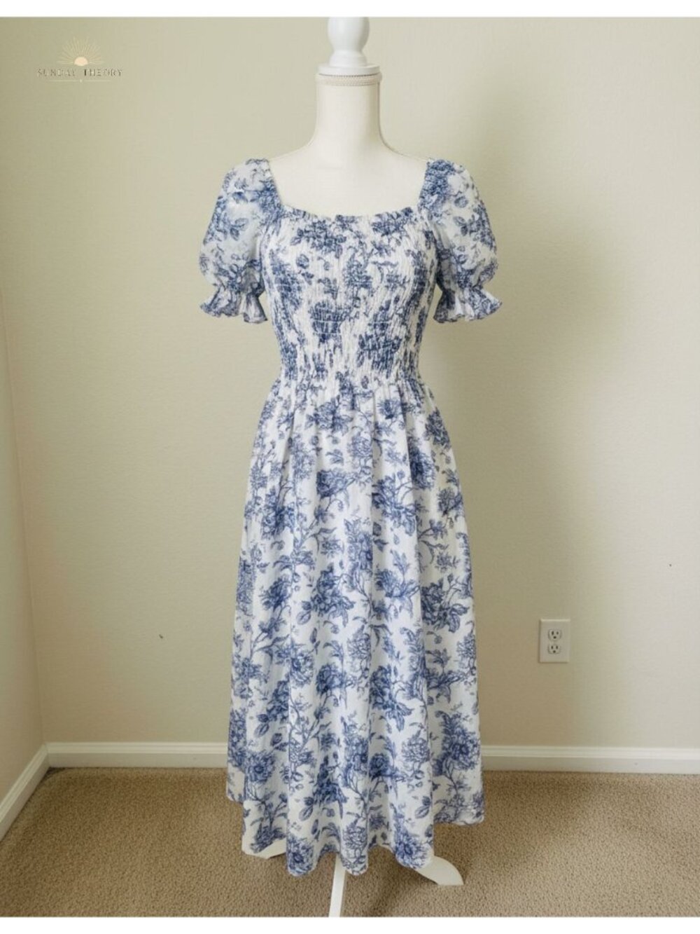 Floral Chiffon A-Line Midi Dress Puff Sleeve Square Neck Cottagecore